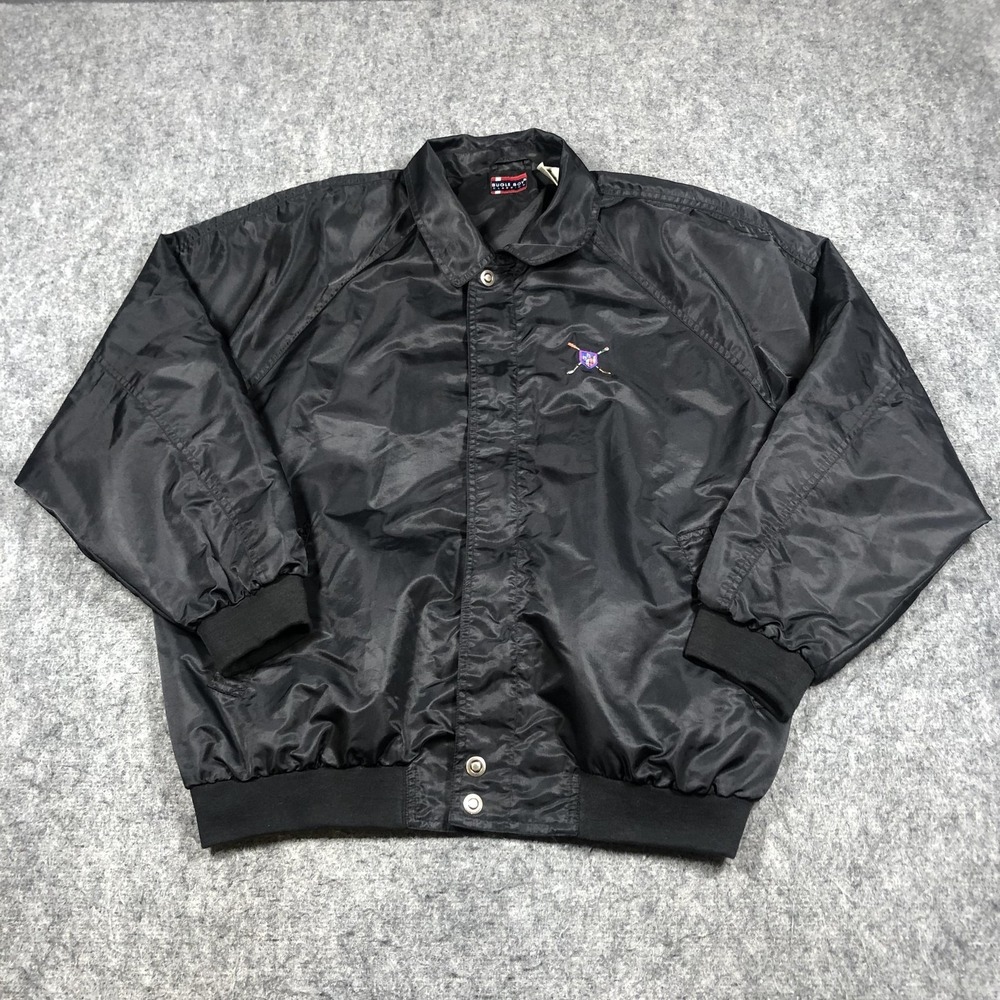 Vintage Bugle Boy Jacket Mens L Black Nylon Golf Windbreaker Embroidered 90s